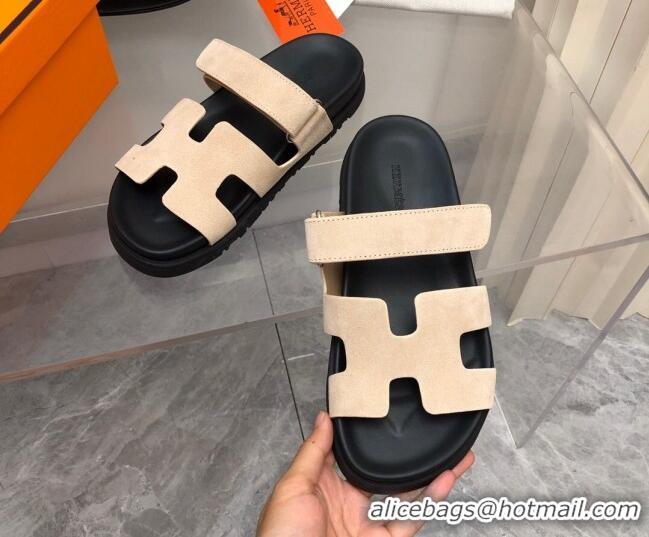 Hot Style Hermes Chypre Slide Sandals in Suede Beige/Black 620113