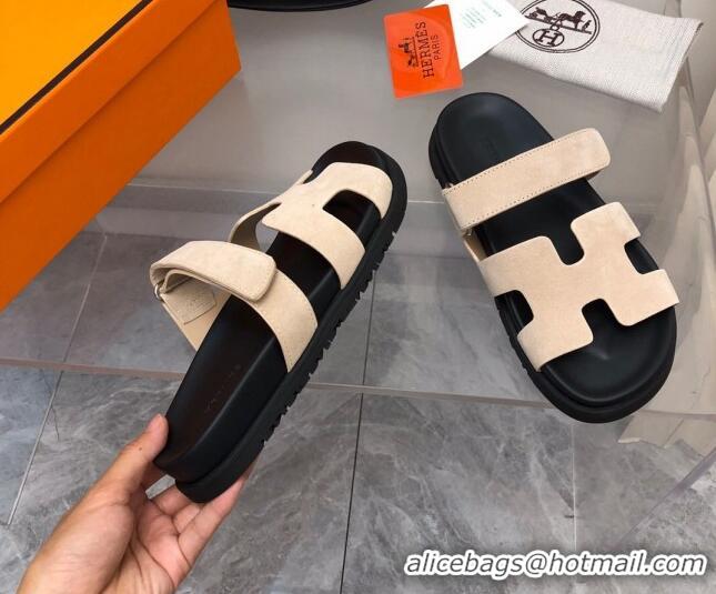 Hot Style Hermes Chypre Slide Sandals in Suede Beige/Black 620113