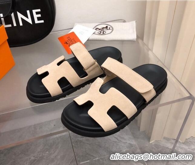 Hot Style Hermes Chypre Slide Sandals in Suede Beige/Black 620113