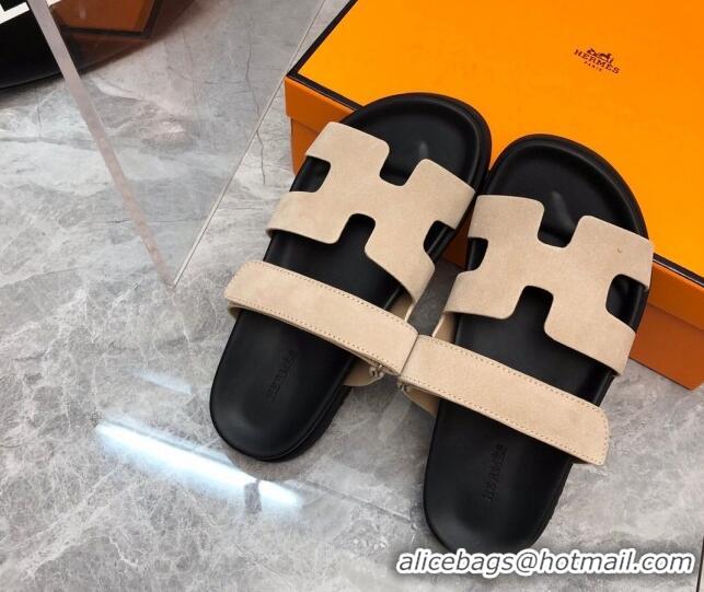 Hot Style Hermes Chypre Slide Sandals in Suede Beige/Black 620113