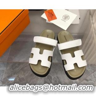 Stylish Hermes Chypre Slide Sandals in Palm-Grained Leather White/Khaki 620114