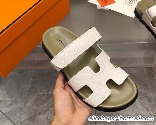 Stylish Hermes Chypre Slide Sandals in Palm-Grained Leather White/Khaki 620114