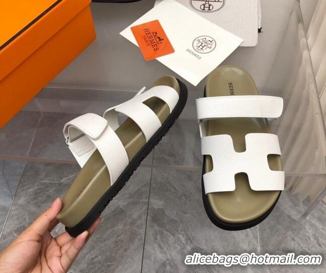 Stylish Hermes Chypre Slide Sandals in Palm-Grained Leather White/Khaki 620114