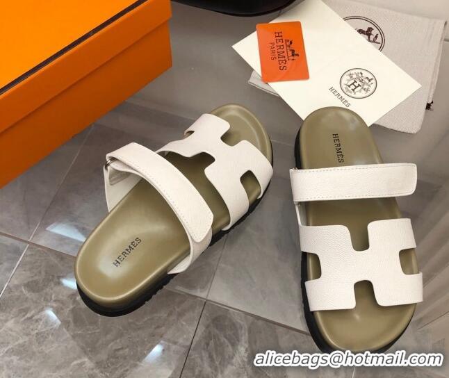 Stylish Hermes Chypre Slide Sandals in Palm-Grained Leather White/Khaki 620114