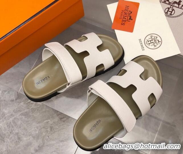 Stylish Hermes Chypre Slide Sandals in Palm-Grained Leather White/Khaki 620114