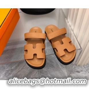 Sophisticated Hermes Chypre Slide Sandals in Palm-Grained Leather Light Brown 620115