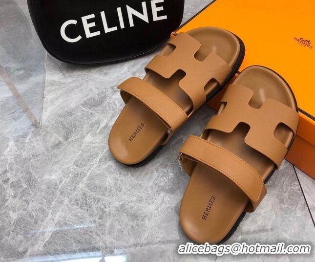 Sophisticated Hermes Chypre Slide Sandals in Palm-Grained Leather Light Brown 620115