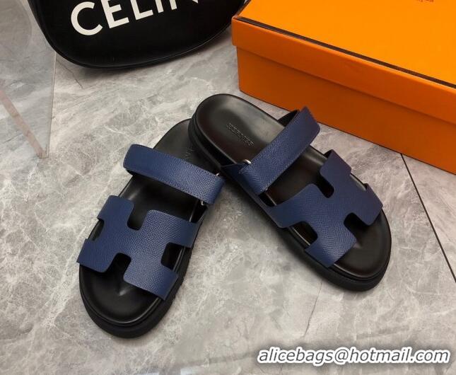 Sumptuous Hermes Chypre Slide Sandals in Palm-Grained Leather Navy Blue/Black 0620116