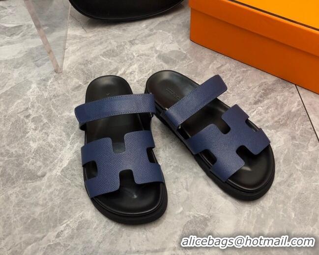 Sumptuous Hermes Chypre Slide Sandals in Palm-Grained Leather Navy Blue/Black 0620116