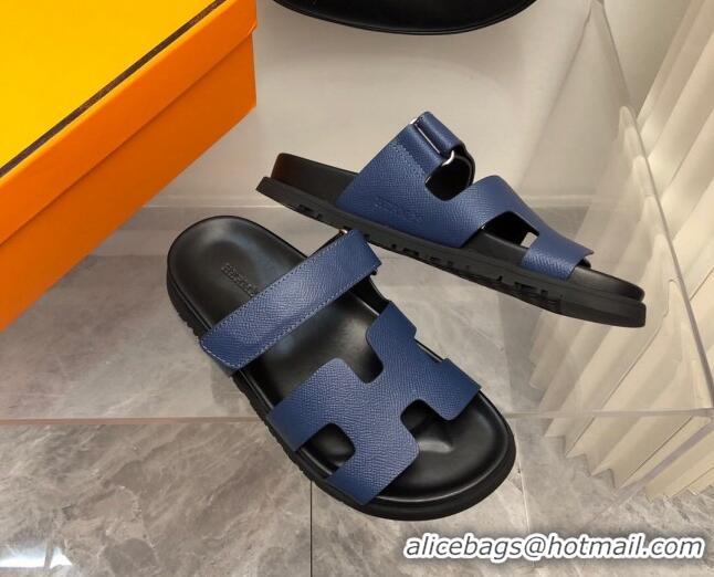 Sumptuous Hermes Chypre Slide Sandals in Palm-Grained Leather Navy Blue/Black 0620116