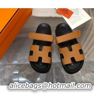 Top Design Hermes Chypre Slide Sandals in Palm-Grained Leather Brown/Black 620117