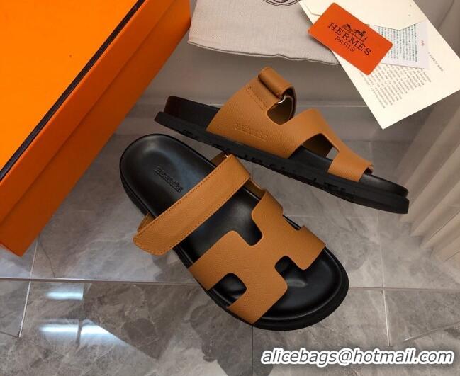 Top Design Hermes Chypre Slide Sandals in Palm-Grained Leather Brown/Black 620117