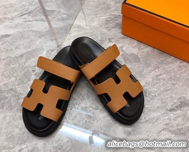 Top Design Hermes Chypre Slide Sandals in Palm-Grained Leather Brown/Black 620117