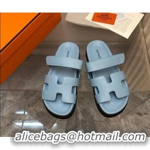 Luxury Hermes Chypre Slide Sandals in Palm-Grained Leather Light Blue 0620118