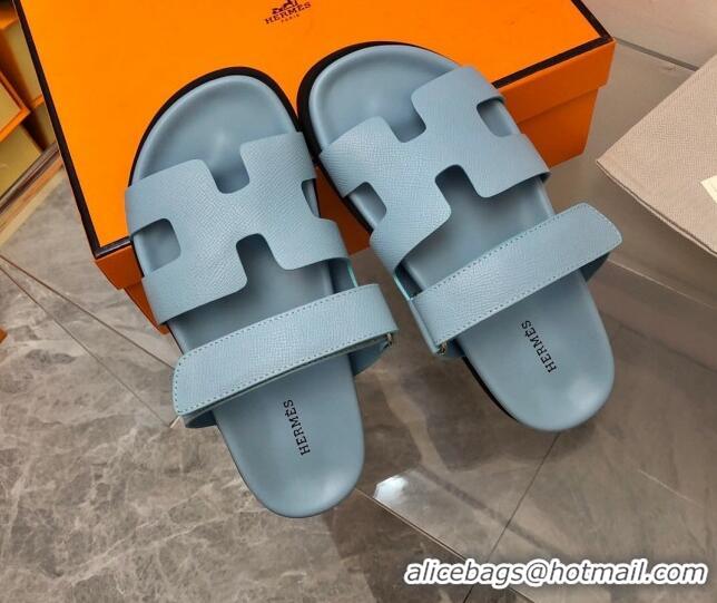 Luxury Hermes Chypre Slide Sandals in Palm-Grained Leather Light Blue 0620118