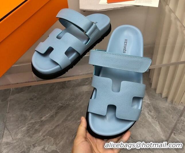 Luxury Hermes Chypre Slide Sandals in Palm-Grained Leather Light Blue 0620118