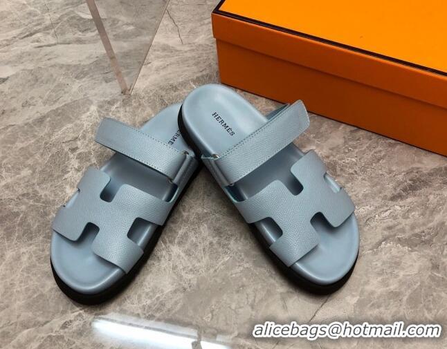 Luxury Hermes Chypre Slide Sandals in Palm-Grained Leather Light Blue 0620118