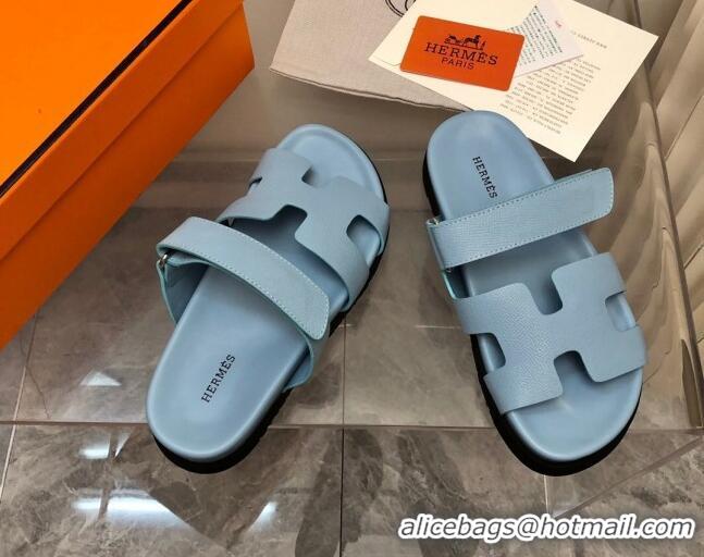 Luxury Hermes Chypre Slide Sandals in Palm-Grained Leather Light Blue 0620118