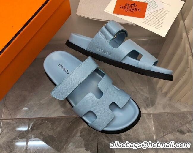 Luxury Hermes Chypre Slide Sandals in Palm-Grained Leather Light Blue 0620118