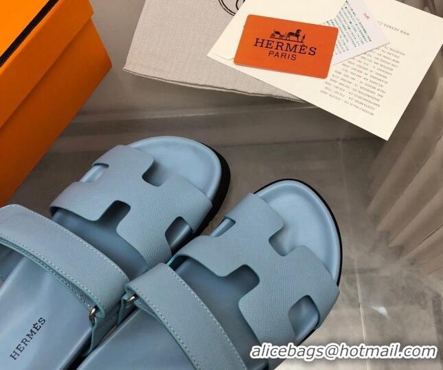 Luxury Hermes Chypre Slide Sandals in Palm-Grained Leather Light Blue 0620118