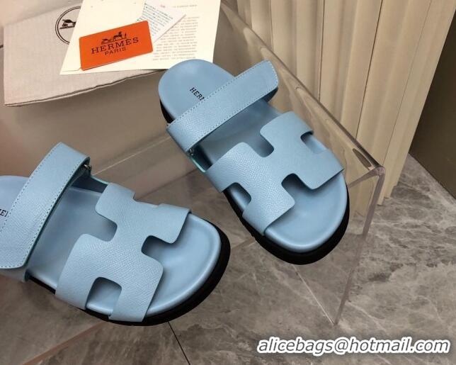 Luxury Hermes Chypre Slide Sandals in Palm-Grained Leather Light Blue 0620118