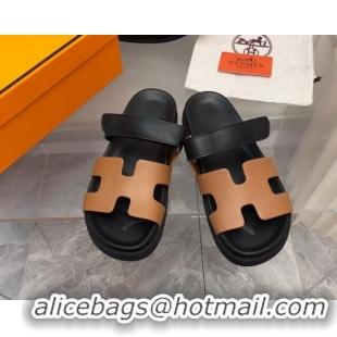 Top Quality Hermes Chypre Slide Sandals in Palm-Grained Leather Brown/Black 0620119