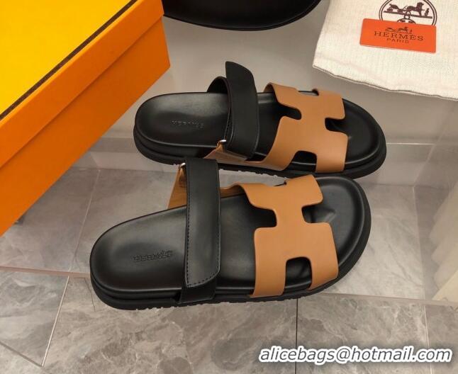 Top Quality Hermes Chypre Slide Sandals in Palm-Grained Leather Brown/Black 0620119