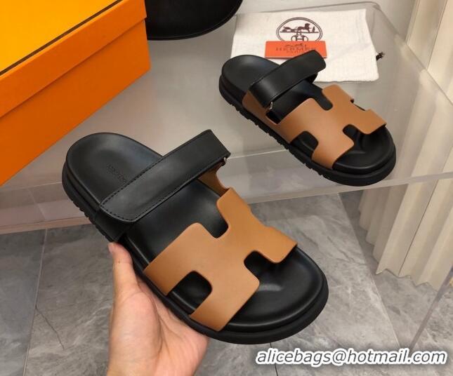 Top Quality Hermes Chypre Slide Sandals in Palm-Grained Leather Brown/Black 0620119