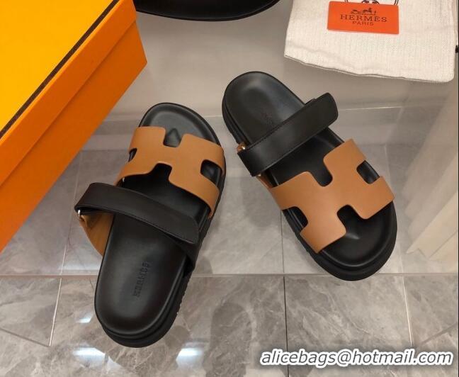 Top Quality Hermes Chypre Slide Sandals in Palm-Grained Leather Brown/Black 0620119