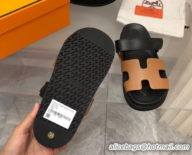 Top Quality Hermes Chypre Slide Sandals in Palm-Grained Leather Brown/Black 0620119