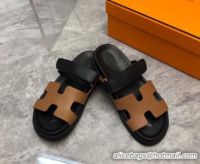 Top Quality Hermes Chypre Slide Sandals in Palm-Grained Leather Brown/Black 0620119