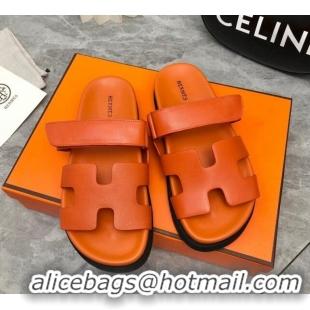 AAAAA Hermes Chypre Slide Sandals in Palm-Grained Leather Orange 0620120