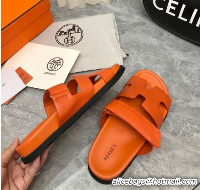 AAAAA Hermes Chypre Slide Sandals in Palm-Grained Leather Orange 0620120