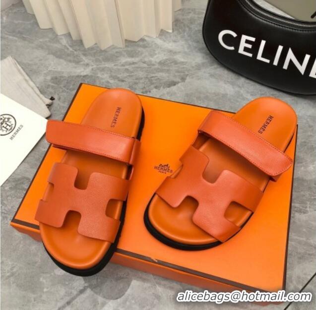 AAAAA Hermes Chypre Slide Sandals in Palm-Grained Leather Orange 0620120