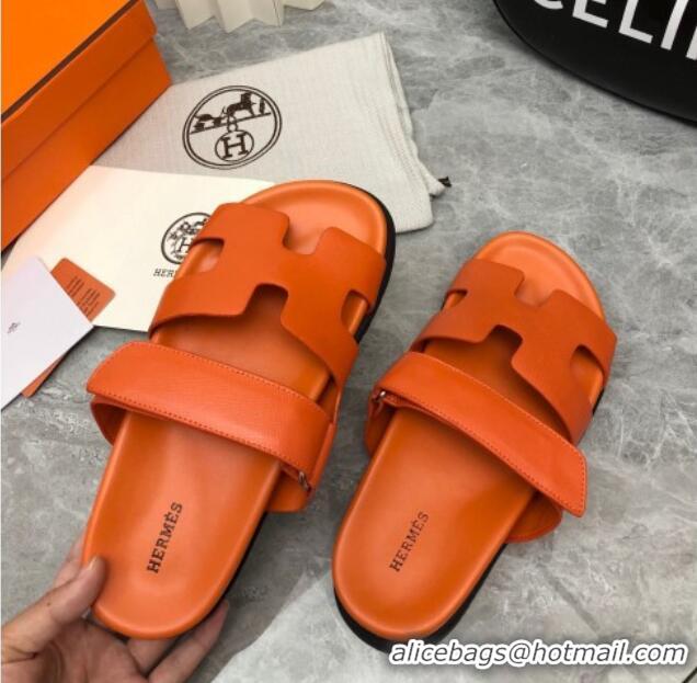 AAAAA Hermes Chypre Slide Sandals in Palm-Grained Leather Orange 0620120