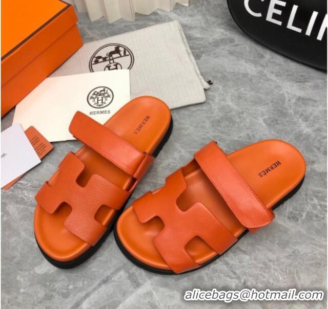 AAAAA Hermes Chypre Slide Sandals in Palm-Grained Leather Orange 0620120