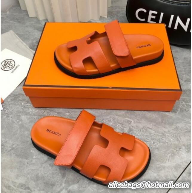 AAAAA Hermes Chypre Slide Sandals in Palm-Grained Leather Orange 0620120