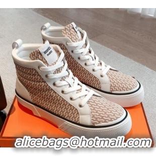 Stylish Hermes Gad High Top Sneakers in Printed Denim and Calfskin Brown/White 0620121