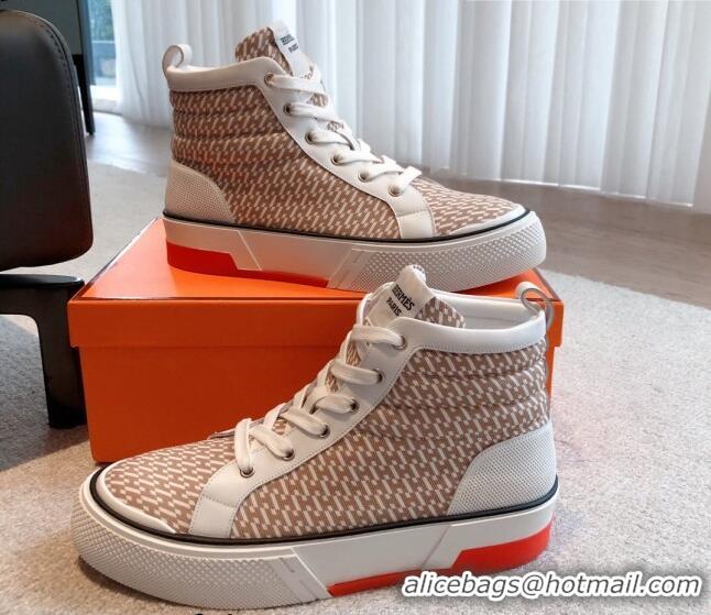 Stylish Hermes Gad High Top Sneakers in Printed Denim and Calfskin Brown/White 0620121