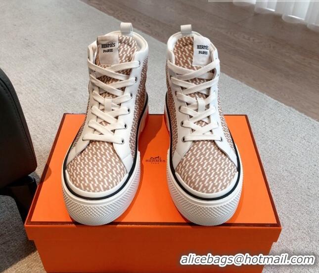 Stylish Hermes Gad High Top Sneakers in Printed Denim and Calfskin Brown/White 0620121