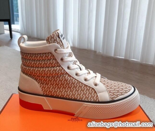 Stylish Hermes Gad High Top Sneakers in Printed Denim and Calfskin Brown/White 0620121