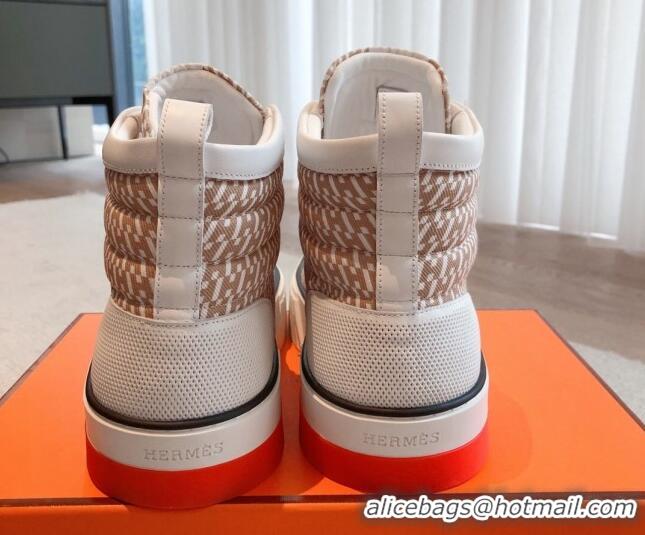 Stylish Hermes Gad High Top Sneakers in Printed Denim and Calfskin Brown/White 0620121