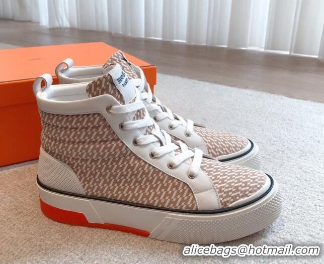 Stylish Hermes Gad High Top Sneakers in Printed Denim and Calfskin Brown/White 0620121