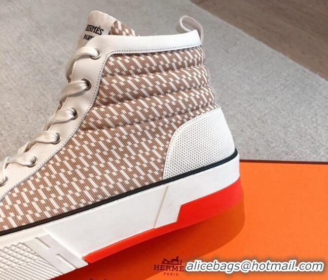 Stylish Hermes Gad High Top Sneakers in Printed Denim and Calfskin Brown/White 0620121