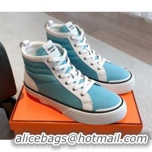 Luxury Hermes Gad High Top Sneakers in Printed Denim and Calfskin Light Blue/Whit 0620122