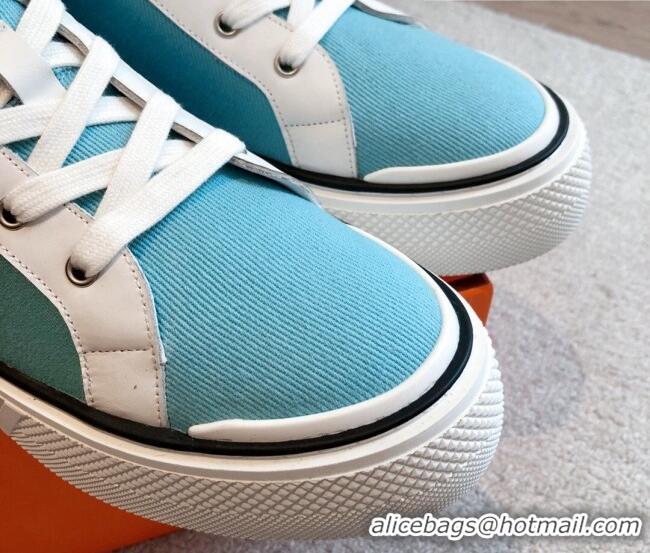 Luxury Hermes Gad High Top Sneakers in Printed Denim and Calfskin Light Blue/Whit 0620122