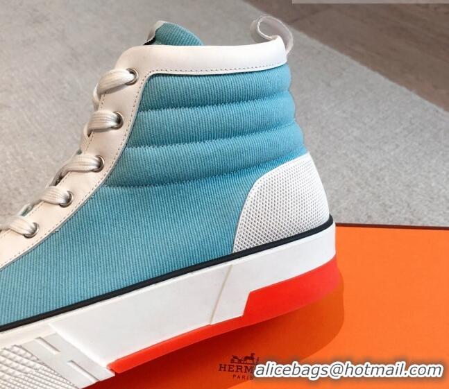 Luxury Hermes Gad High Top Sneakers in Printed Denim and Calfskin Light Blue/Whit 0620122