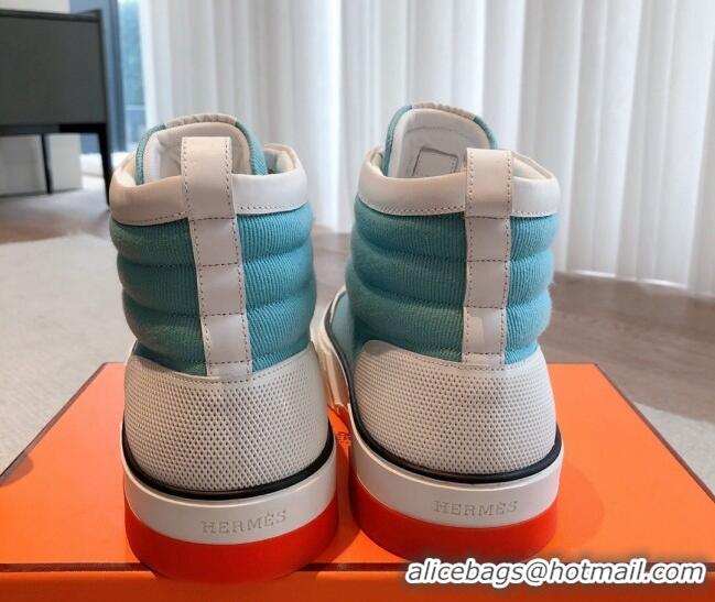 Luxury Hermes Gad High Top Sneakers in Printed Denim and Calfskin Light Blue/Whit 0620122