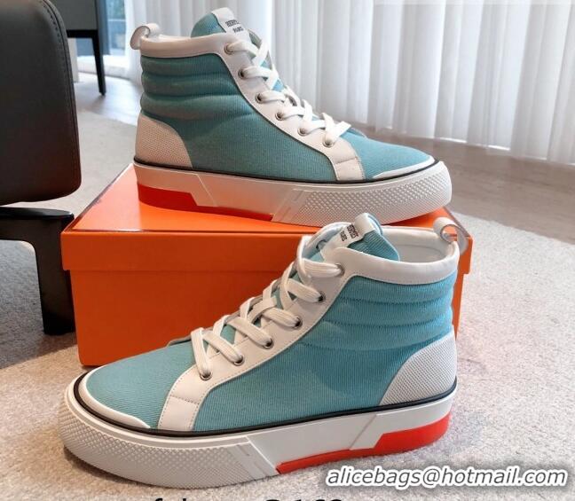 Luxury Hermes Gad High Top Sneakers in Printed Denim and Calfskin Light Blue/Whit 0620122