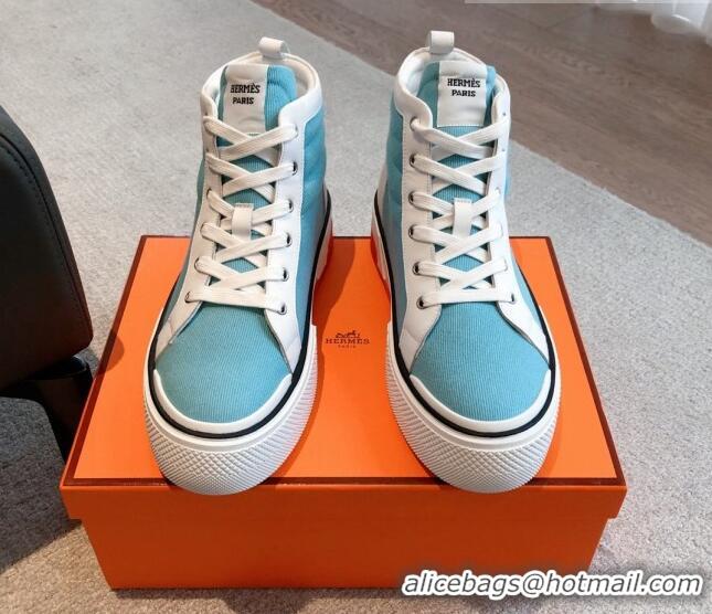 Luxury Hermes Gad High Top Sneakers in Printed Denim and Calfskin Light Blue/Whit 0620122